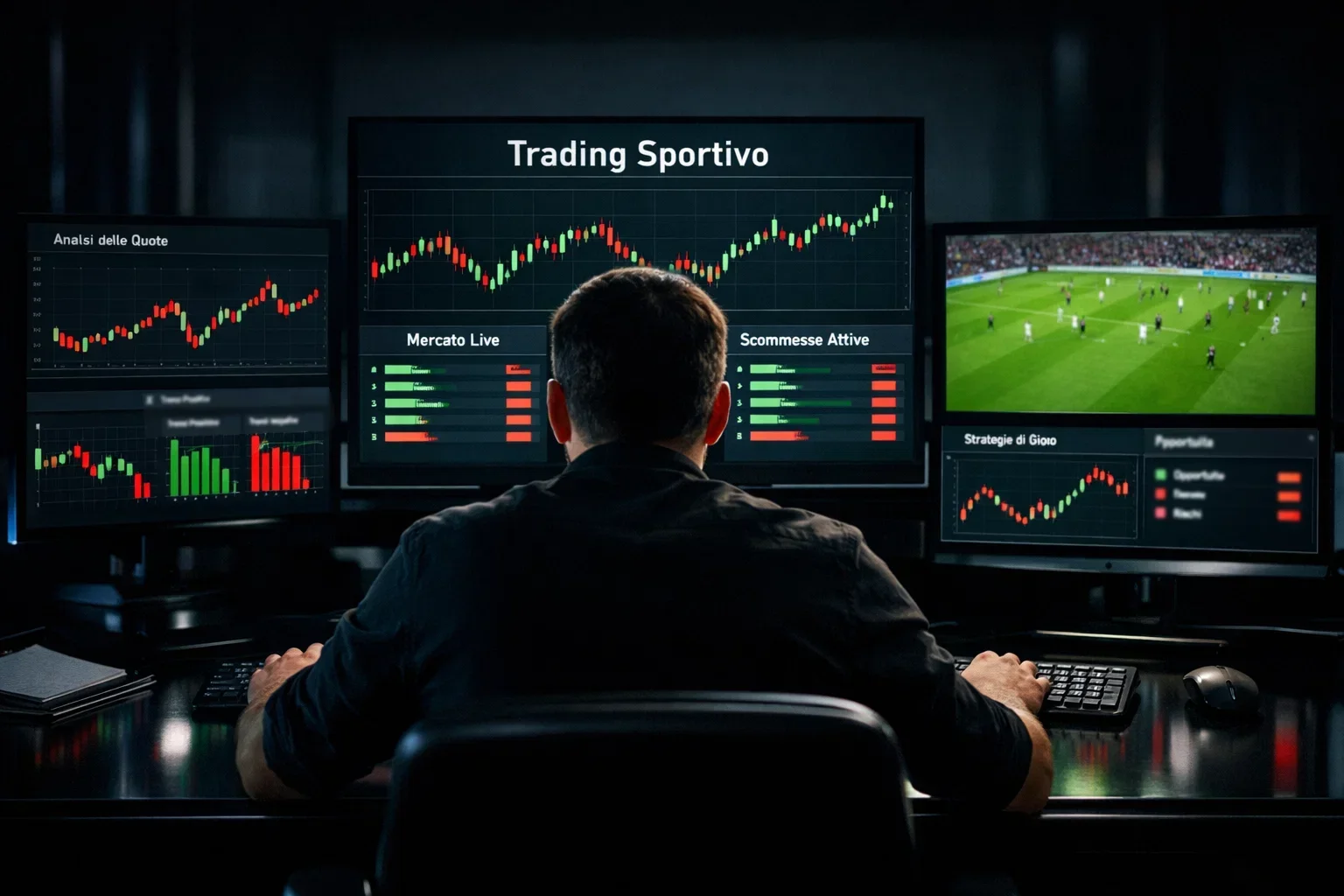 Trading sportivo calcio con monitor e grafici in tempo reale